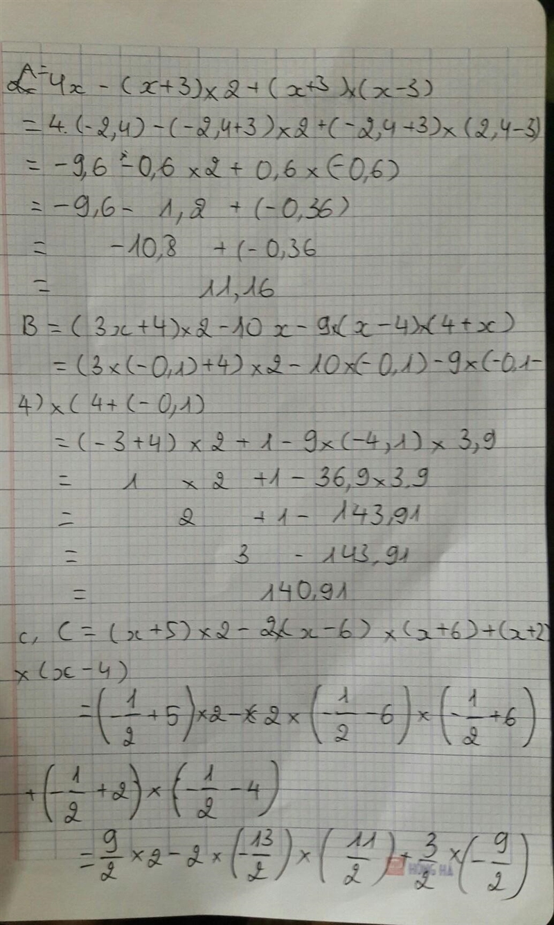 Bài 1: Tính giá trị của biểu thức sau: a) A = 4x – ( x +3)2 + ( x+3)(x-3) với x = - 2,4 b-example-1