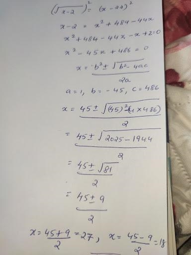 What is the solution to the equation below sqrt x-2 = x-22​-example-1