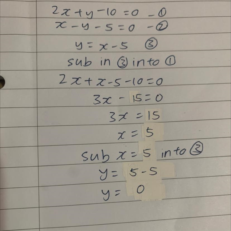 Solve the system algebraically. 2x + y - 10 = 0 X-y-5= 0 What is the value of y? -5 /3 5 0-example-1