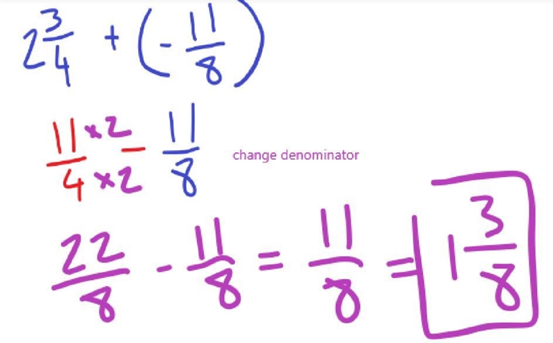 What is 2 3/4+(−1 1/8)? Group of answer choices: −3 7/8 −1 5/8 1 5/8 3 7/8-example-1