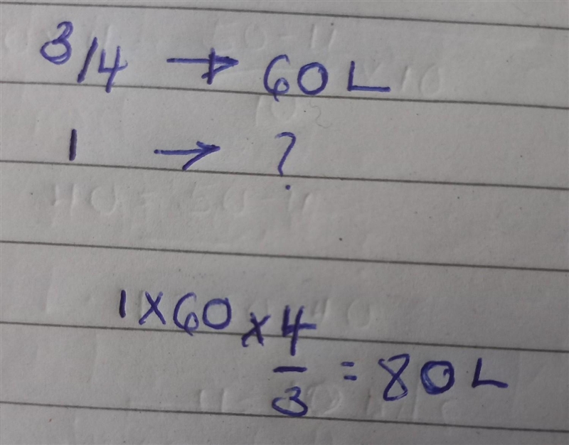 When it is 3/4 full, a tank contains 60 liters of water. how much does it contain-example-1