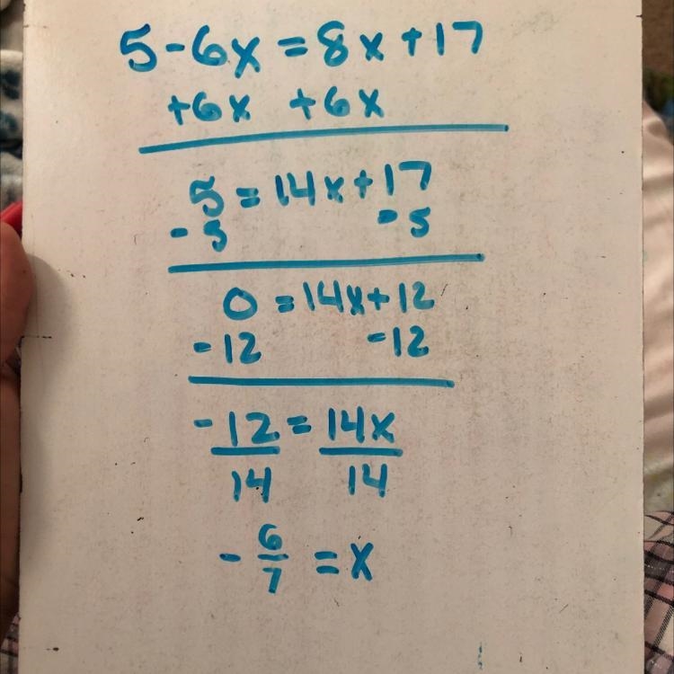 Use the general solution to solve 5 -6x = 8x + 17-example-1