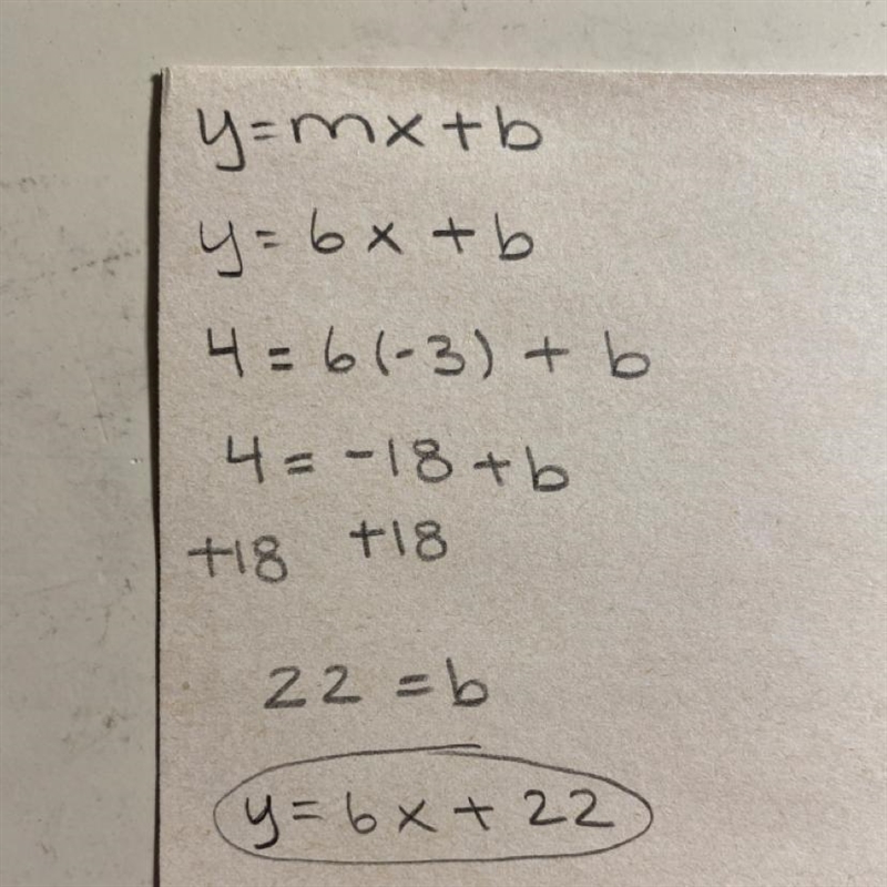 Write the equation of the line that passes through the point -3,4 and slope of 6-example-1