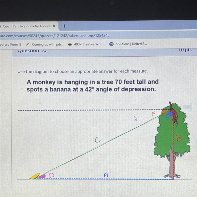 A monkey is hanging in a tree 70 feet tall and spots a banana at a 42° angle of depression-example-1