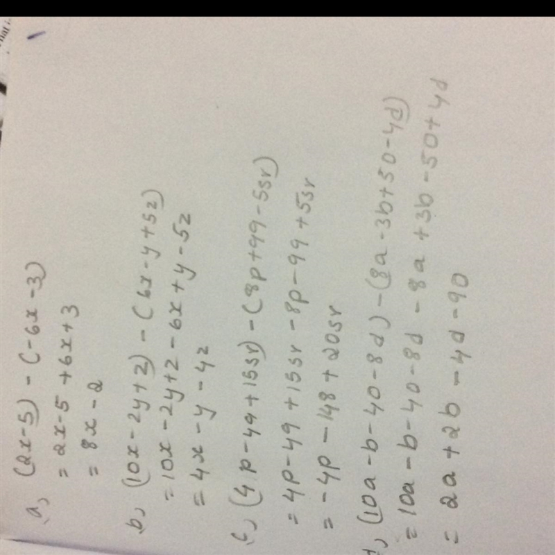 Q7: Subtract (a) -6x – 3 from 2x – 5, (b) 6x – y + 5z from 10x – 2y + z, (c) 8p + 99 – 5rs-example-1