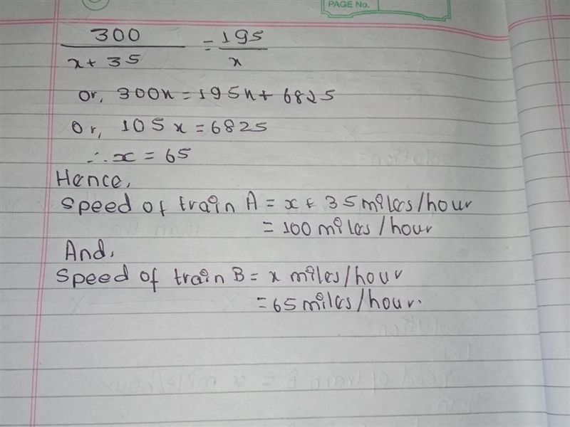 Train A has a speed 35 miles per hour greater than that of train B. If train A travels-example-2