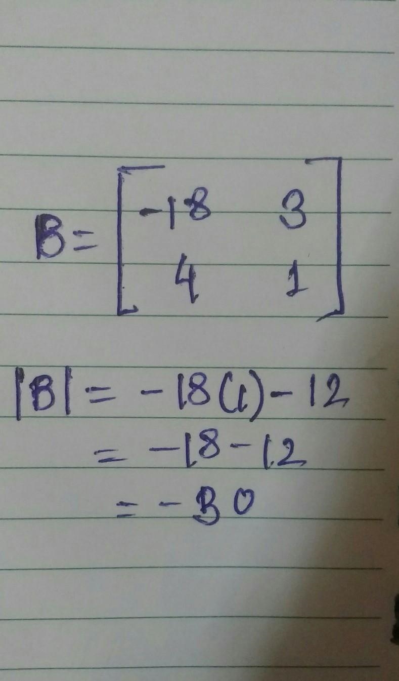 B = 5. What is the determinant of B? A. -27 OB. 30 OC.-6 D.-30-example-1