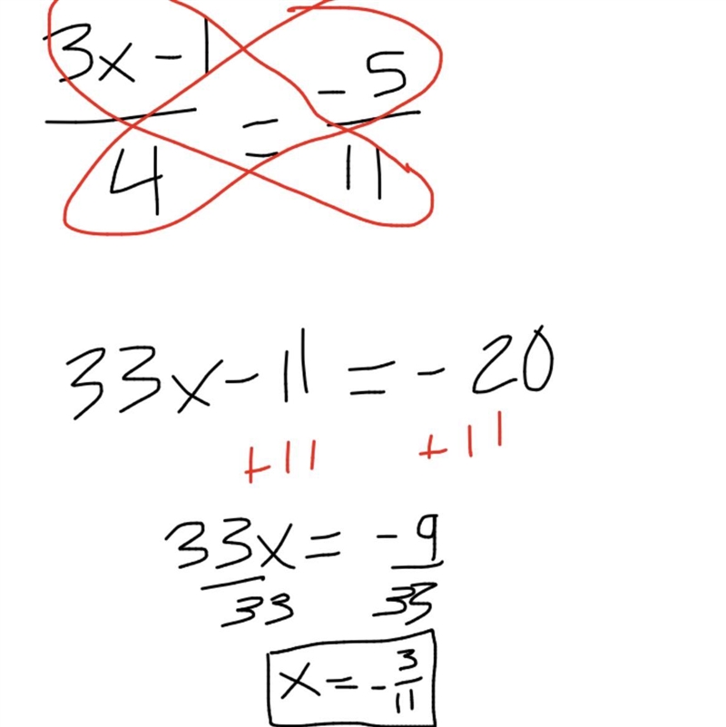 (3x-1)/(4)=-(5)/(11)-example-1