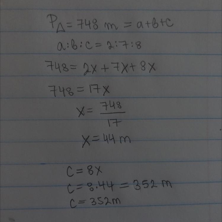 The perimeter of a triangular field is 748 metres. The lengths of the three sides-example-1