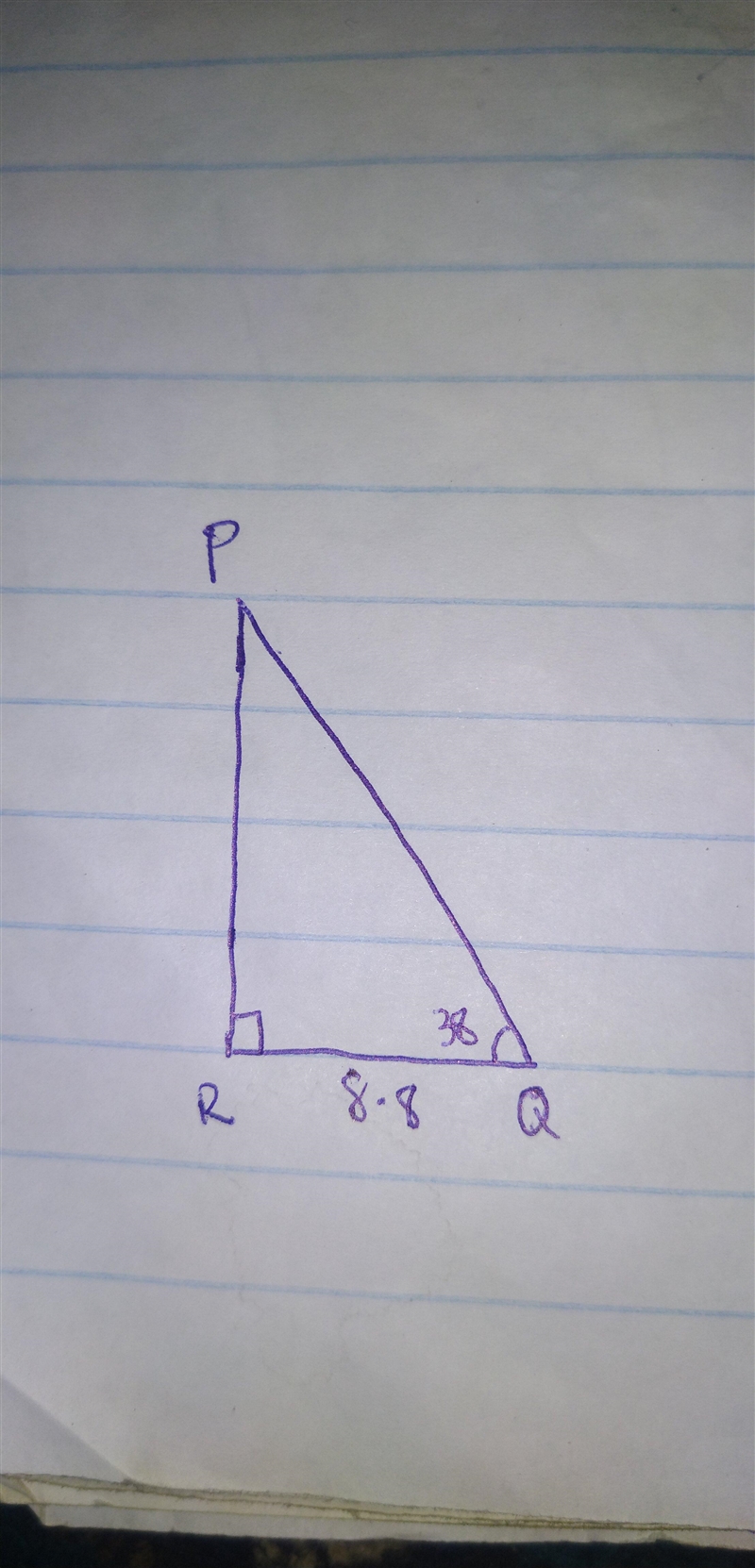 In pqr the measure of r is 90 degrees the measure of q is 38 degrees and qr is 8.8 feet-example-1