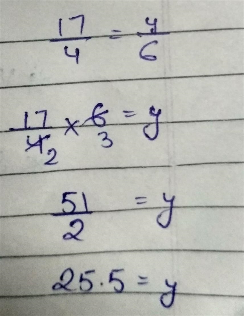 Solve the proportion 17/4 = y/6-example-1