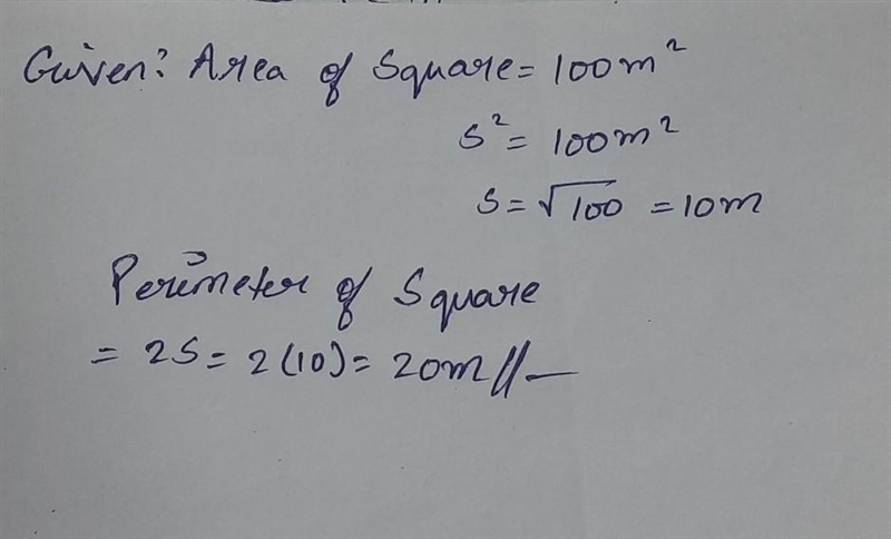 The area of a square is 100 m². What is its perimeter?​-example-1