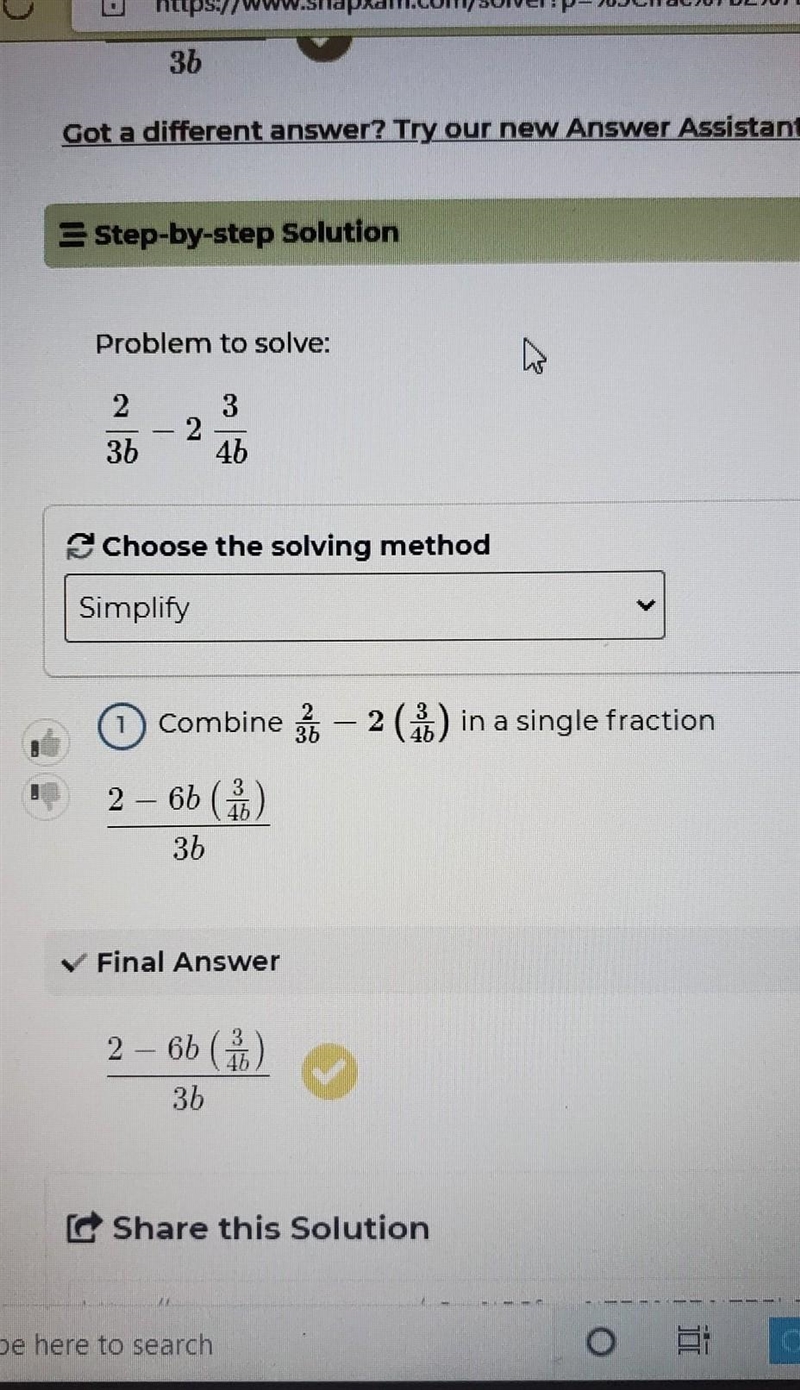 PLEASE HELP Simplify by combining like terms. 2/3b - 2 3/4b =??-example-1