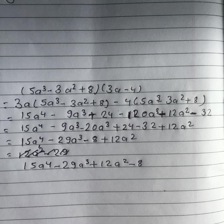 FIND the product (5a³-3a²+8)(3a-4)​-example-1