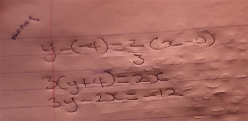 A line passes through the point (0, –4) and has a slope of 2/3. What is the equation-example-1