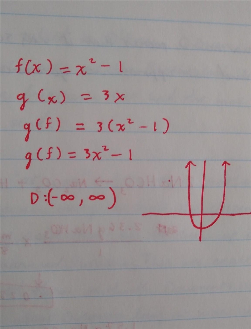 Let f(x) = x2 − 1 and g(x) = 3x. Find gf and state its domain-example-1