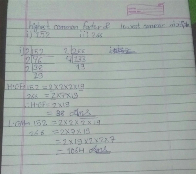 Find the highest common factor and lowest common multiple of 152 and 266 Draw a factor-example-1