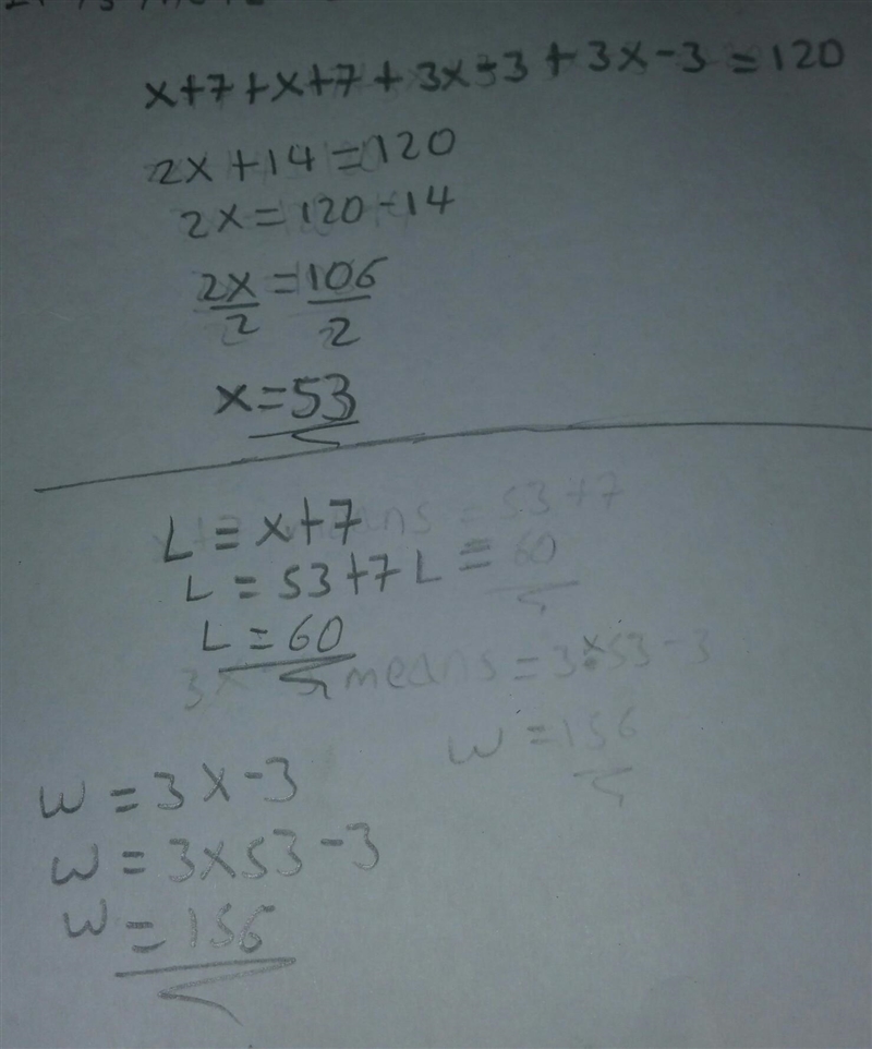 the rectangle below has a perimeter of 120 in right an equation to solve for x and-example-1