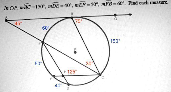 Content - Common In OP, mBC = 150°, mDE = 40°, mEF = 50°, mFB = 60°. Find each measure-example-1