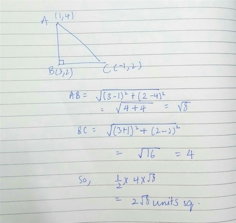 What is the area of the right triangle ABC, given a(1,4), B(3,2), and C(-1,-2)-example-1