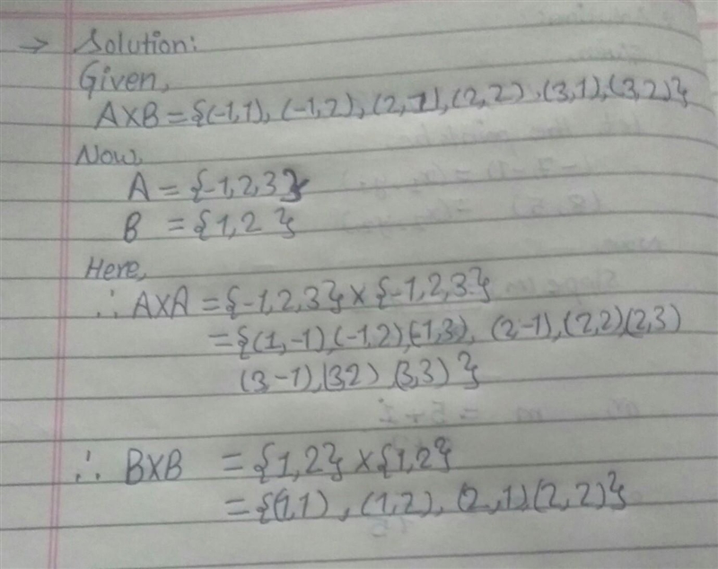 If A×B ={(-1,1),(-1,2),(2,1),(2,2),(3,1),(3,2)}. find A×A and B×B. i need for exam-example-1