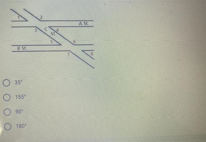 Streets A and B run parallel to each other. The measure of angle <6 is 155º. The-example-1