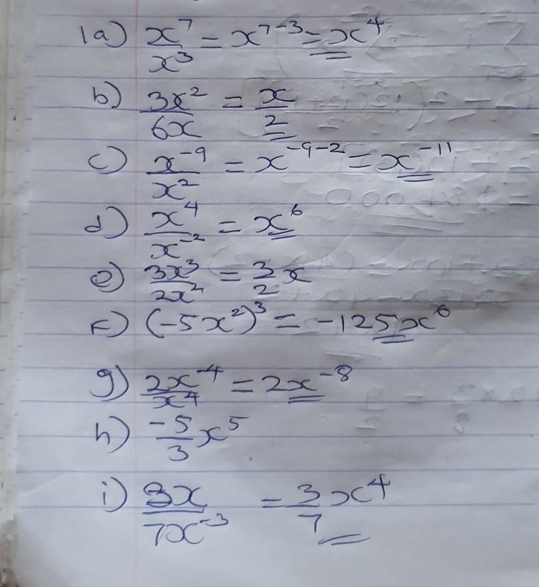 1. Simplify the following monomials (a) (x)^7 / (x)^3 (b) (3 x^2) / 6(x) © (x)^-9 / ( x-example-1