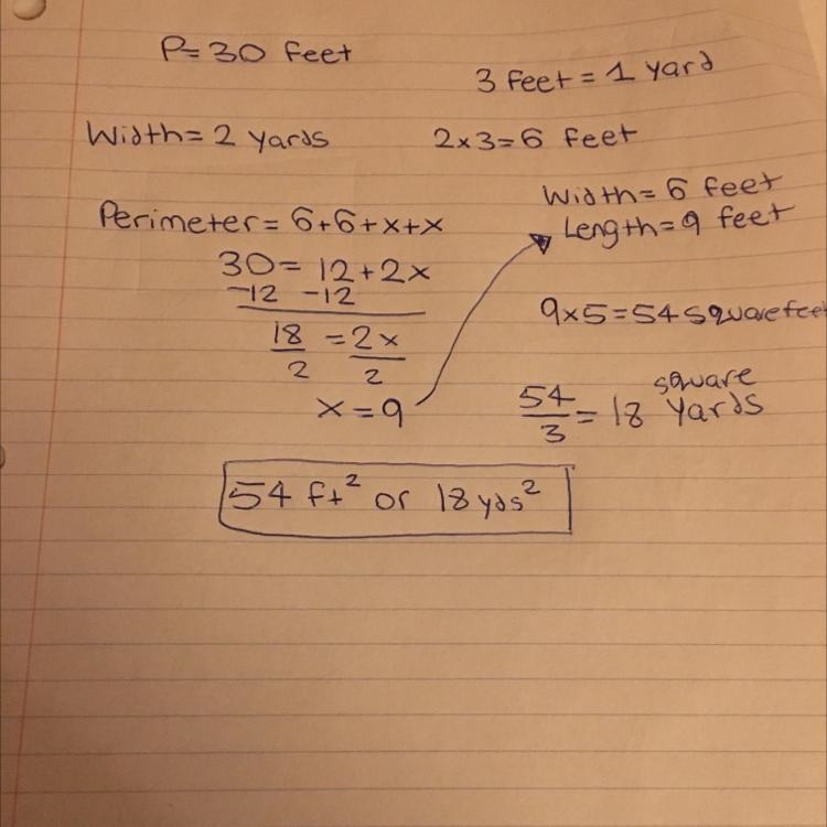 Ms. Johnson bought an area rug for her den. The perimeter is 30 feet. The width of-example-1