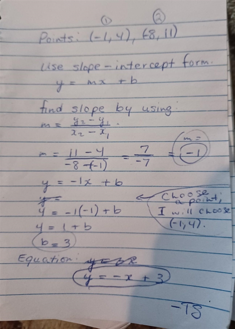 Find the equation of the line that goes through the points: (-1,4) and (-8,11)-example-1