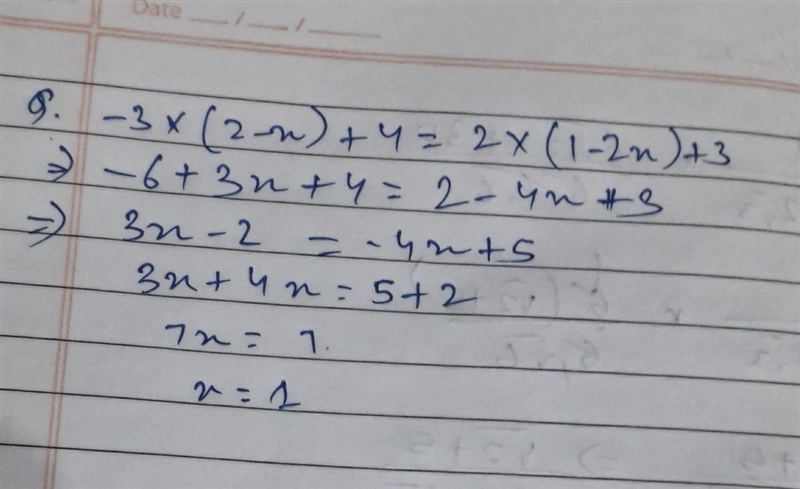 Solve the equation : -3 • ( 2 - x ) + 4 = 2 • ( 1 - 2x) + 3 thanks :) ​-example-1