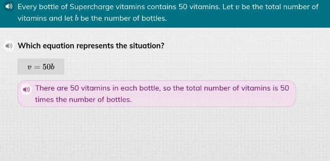 Every bottle of supercharge vitamins contains 50 vitamins. Let v be the total number-example-1