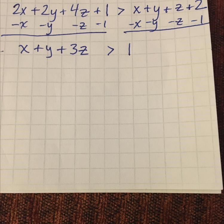 Simpler, equivalent inequality for 2x+2y+4z+1>x+y+z+2-example-1