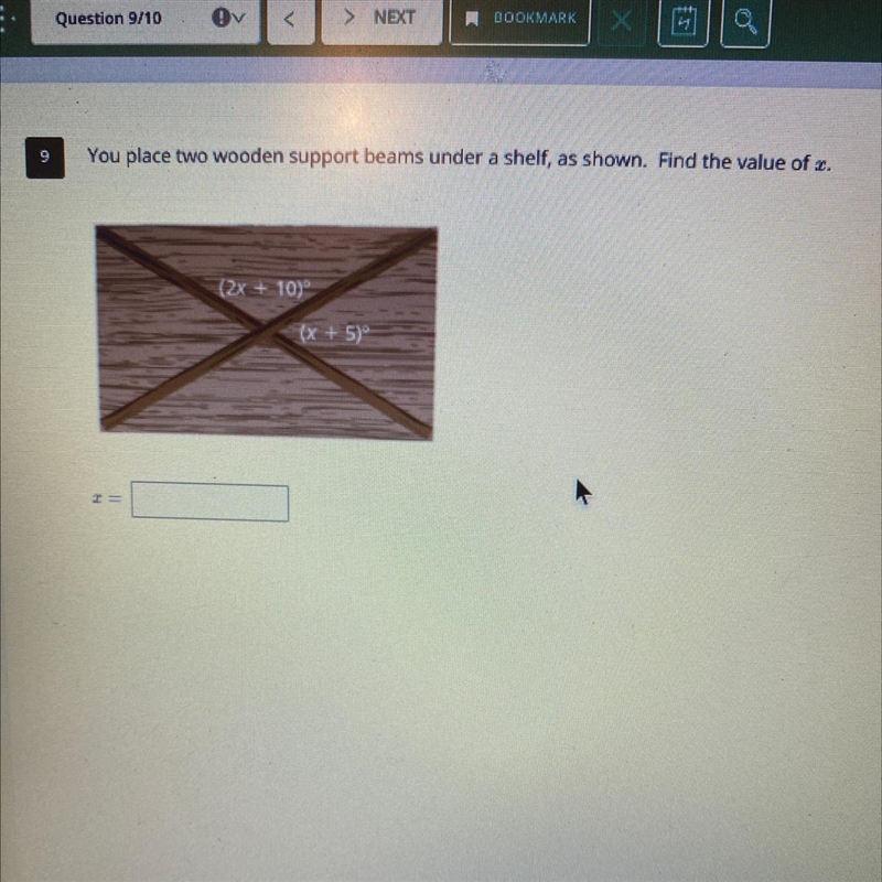 You place two wooden support beams under a shelf, as shown. Find the value of x. (3x-example-1