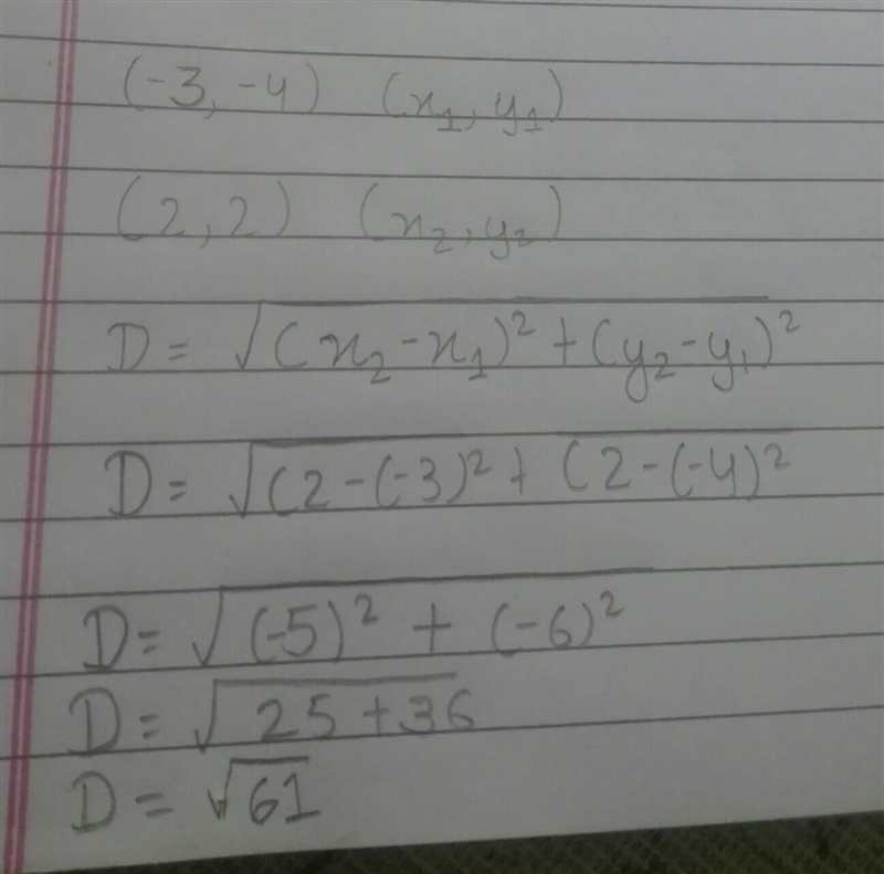 What is the distance between (-3, -4) and (2,2)-example-1