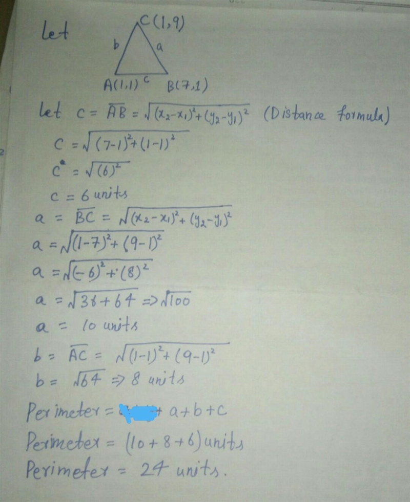 Find the perimeter of A(1, 1), B(7, 1), and C(1, 9).-example-1