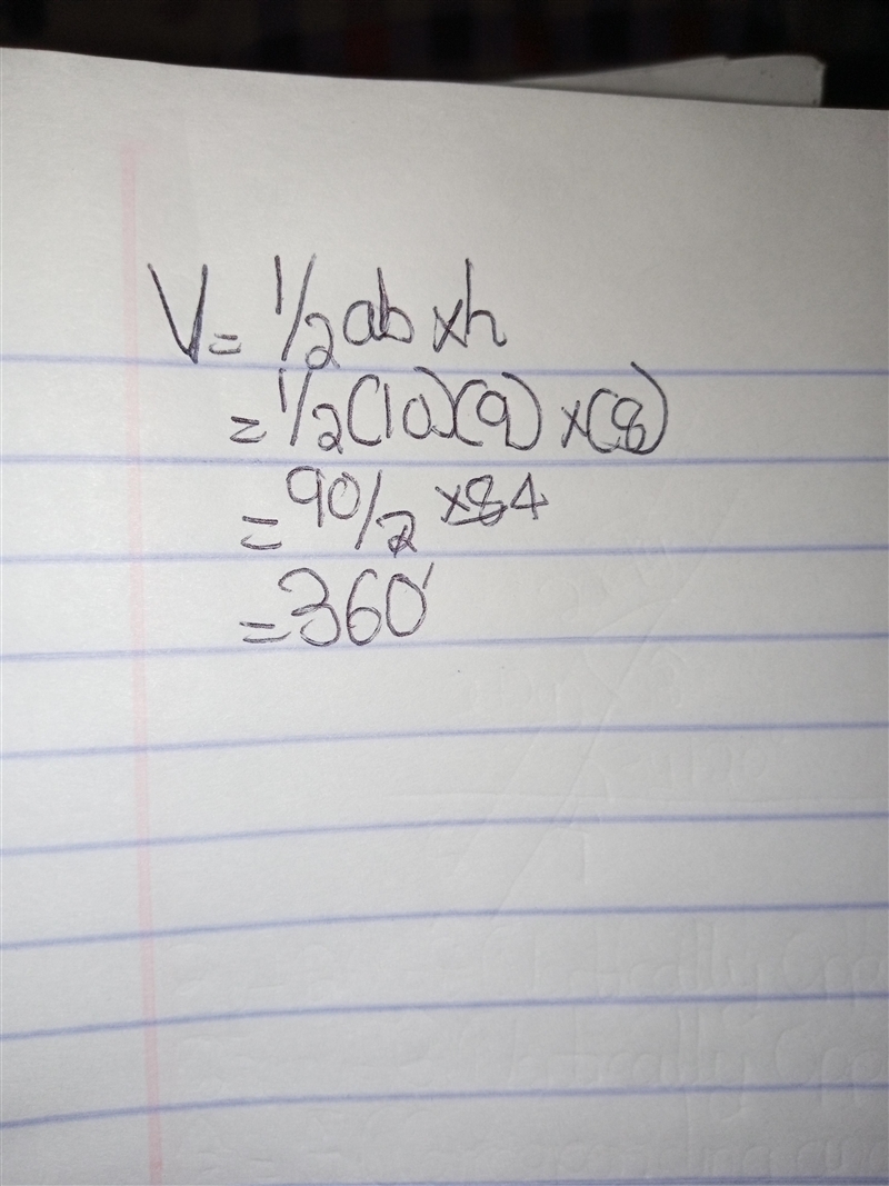 Find the volume of the triangular prism as pictured below with a = 10 cm, b = 9 cm-example-1