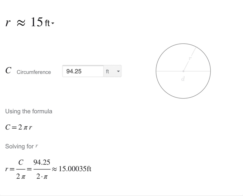 Find the radius of a circle with a circumference of 94.25ft-example-1