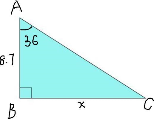 ABC is a right-angled triangle. Angle B = 90. Angle A = 36. AB = 8.7 cm. Work out-example-1