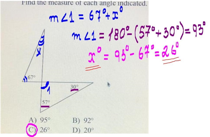 Find the measure of each angle indicated. A) 95° C) 26° B) 92° D) 20°-example-1