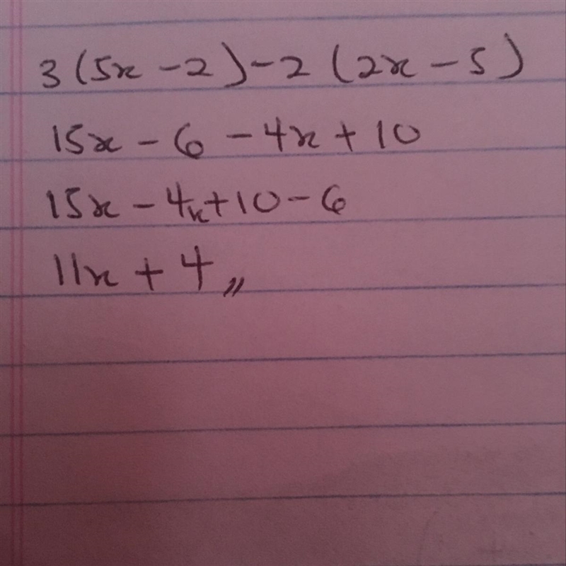 Expand and simplify 3(5x-2)-2(2x-5)-example-1