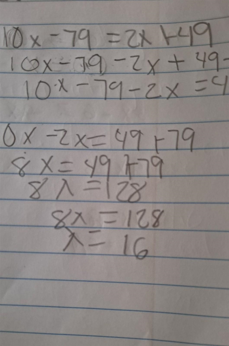 Solve for x. 10x – 79 = 2x + 49 x = [?]-example-1