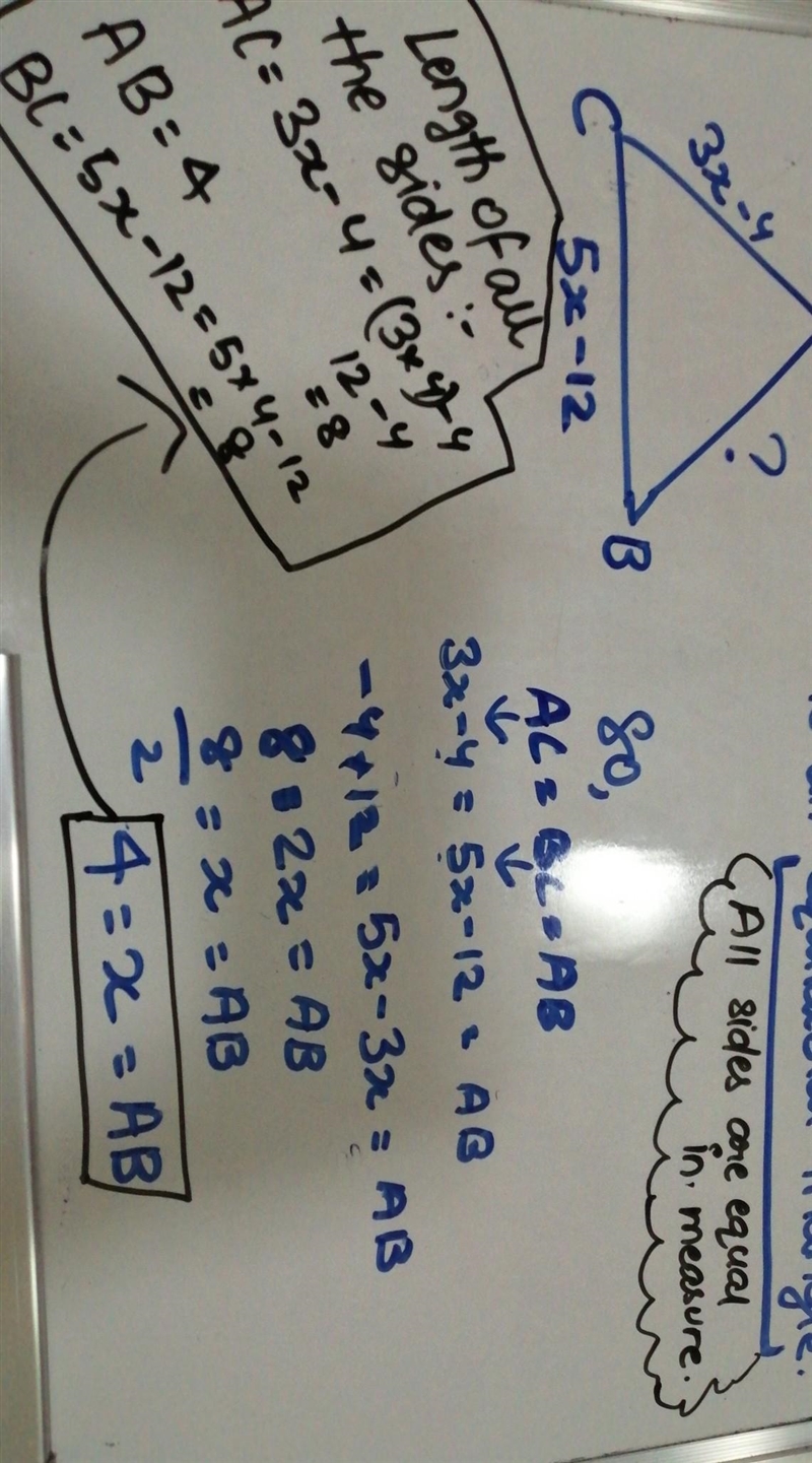 If AC = 3x - 4 and BC = 5x - 12, what is the length of BA?-example-1