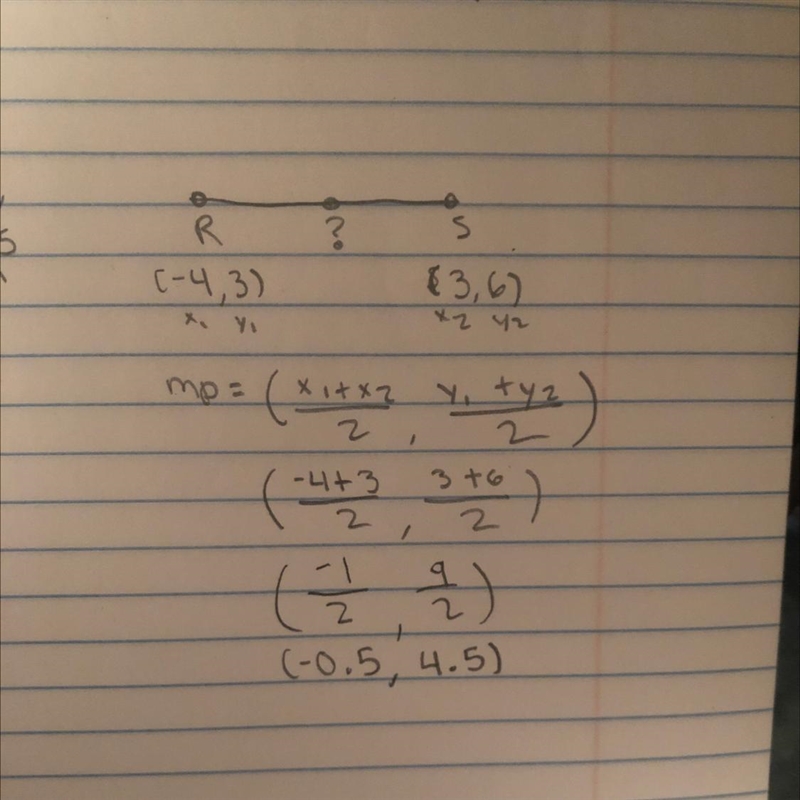 Please help! Find the midpoint of the line segment joining the points ​R(​-4,3​) and-example-1