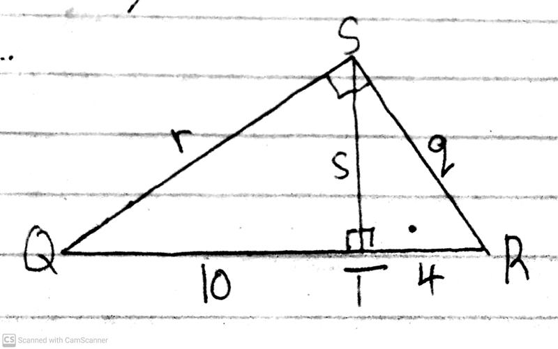 Triangle Q S R is shown. Angle Q S R is a right angle. Altitude s is drawn from point-example-1