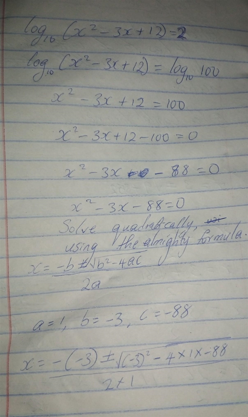 Solve the equation log10 \: ( {x}^(2) - 3x + 12) \: = 2 ​-example-1