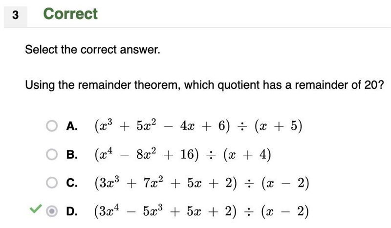 Using the remainder theorem which quotient has a remainder of 20￼￼?-example-1