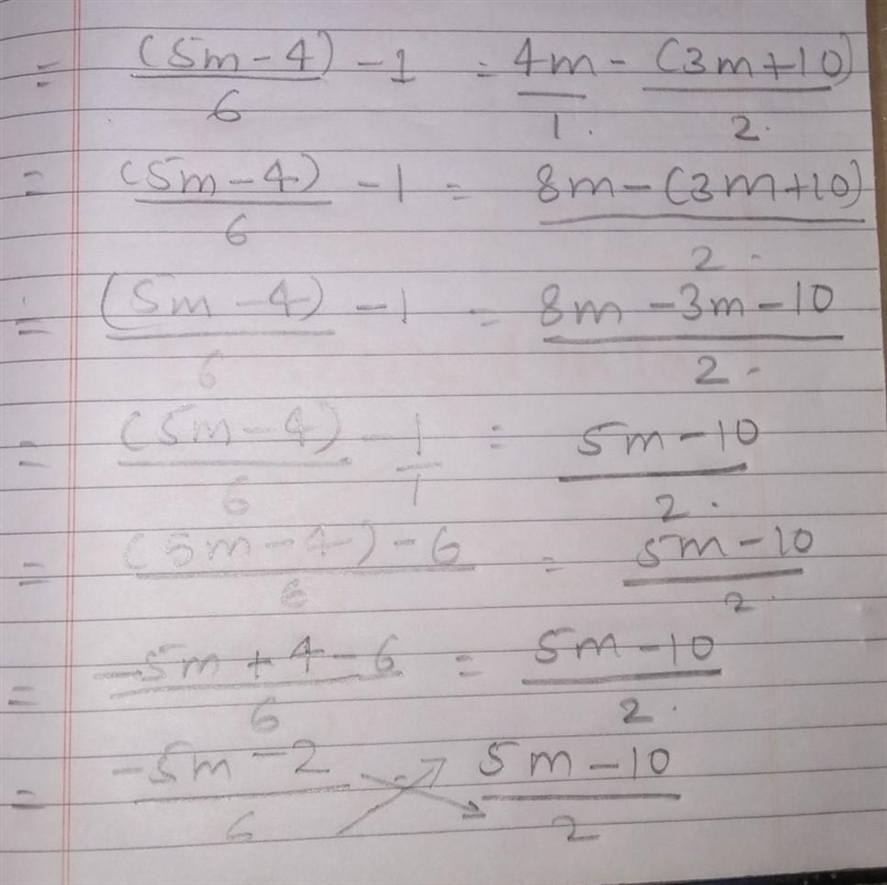 (5m-4)/6 -1 = 4m - (3m+10)/2 Solve linear equation ​-example-1