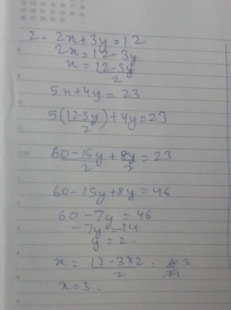 Solve the following simultaneous equations: 5x + 3y = 21 2x + y = 3 2x+3y=12 5x+4y-example-2