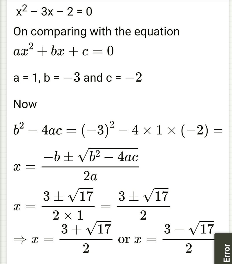 X2-3x-2=0 by Formula method​-example-1