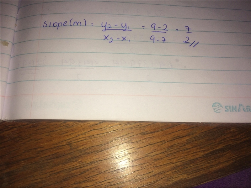 Find the slope of the line that passes through (7, 2) and (9, 9). Simplify your answer-example-1